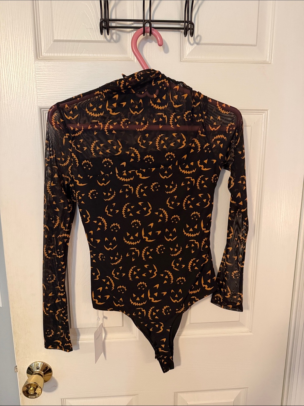ReoRia Black & Orange Jack-O'-Lantern Mesh Bodysuit